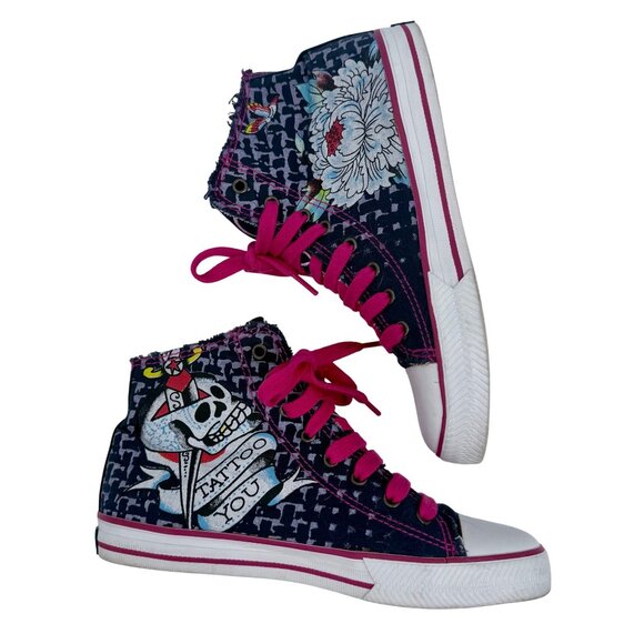 Ed Hardy Shoes - Vintage Y2K Ed Hardy x Christian Audigier Tattoo Print Frayed High Top Sneakers